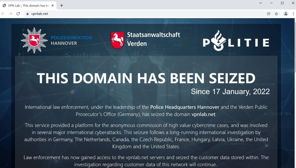 警方关闭了暗网上的VPN服务提供商，VPNLab.net网站已离线