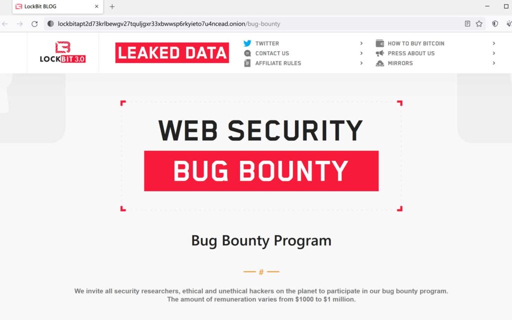 LockBit勒索软件组织发布“LockBit 3.0”，推出多个暗网镜像网站，引入第一个勒索软件漏洞赏金计划