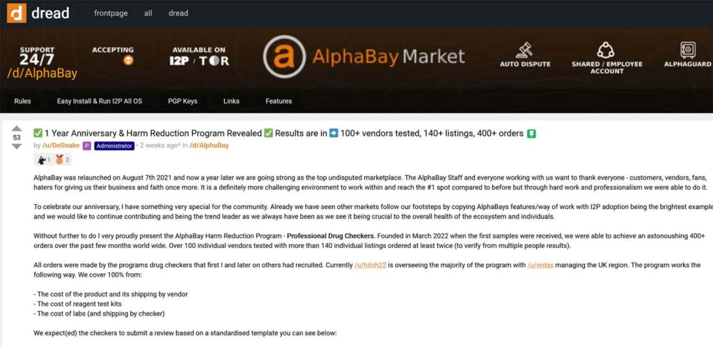 AlphaBay暗网市场庆祝重新开发一周年，并重点宣传其“减少危害”计划