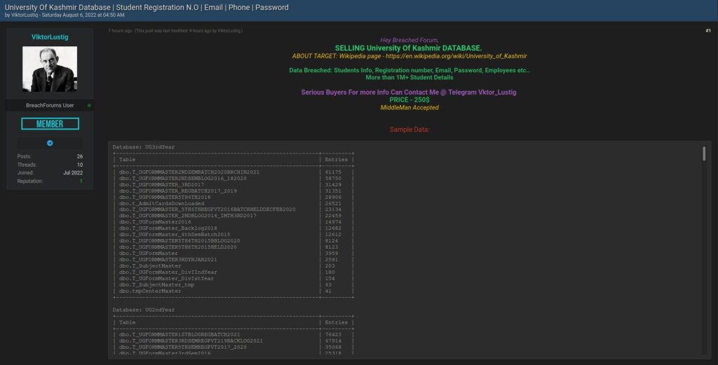 克什米尔大学学生数据泄露在暗网上，包含电话号码、邮箱地址等，学校已经回应