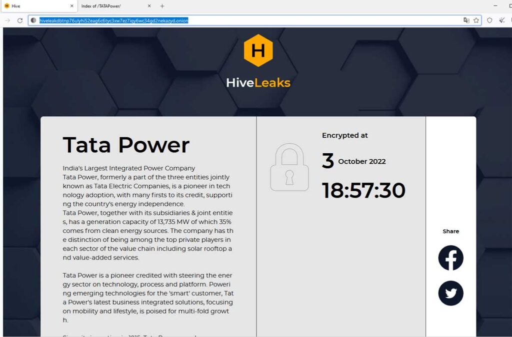 Hive勒索软件团伙声称对印度塔塔电力公司进行勒索软件攻击，数据泄露在暗网上