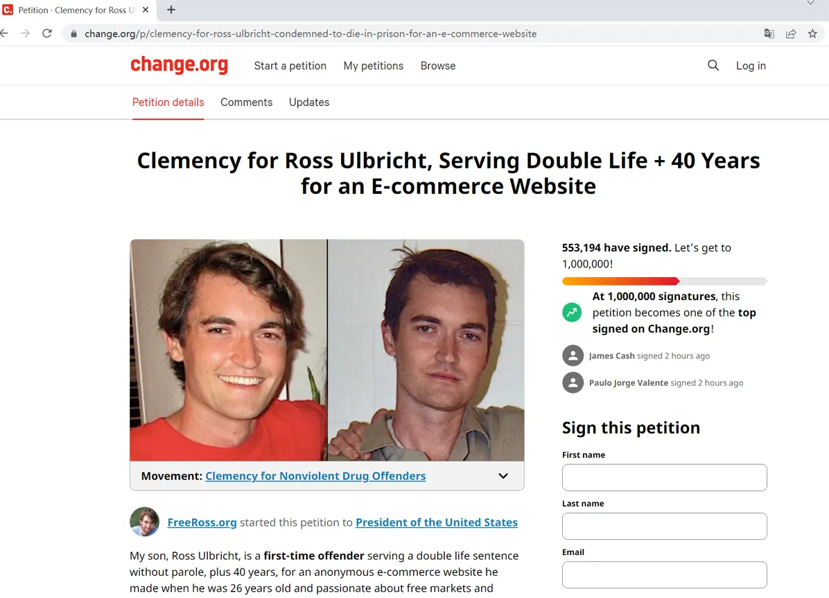 超过55万人为丝绸之路创始人罗斯请愿，希望其得到美国总统拜登的特赦- 暗网下