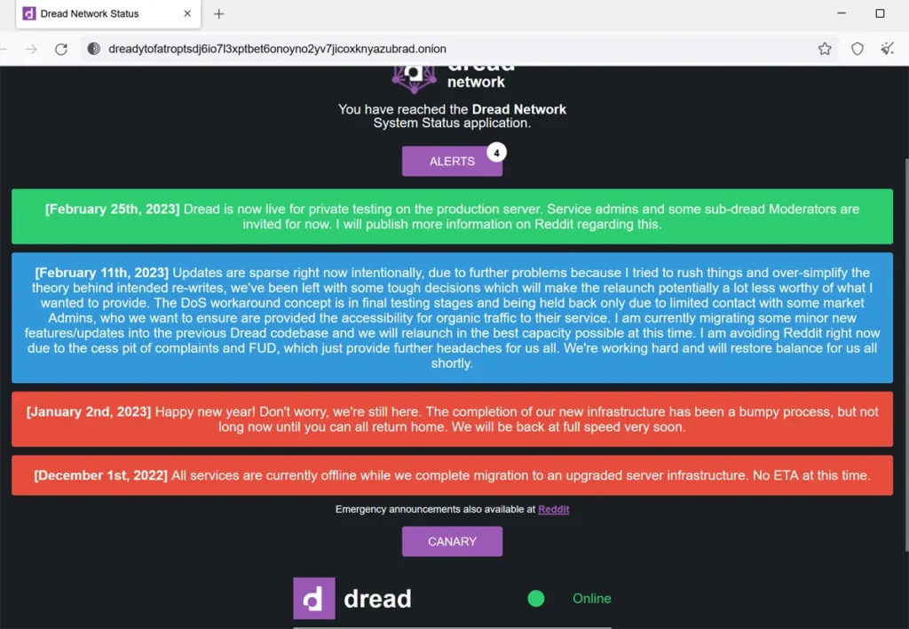 Dread论坛的管理员更新了公告，暗网网站状态已经是Online