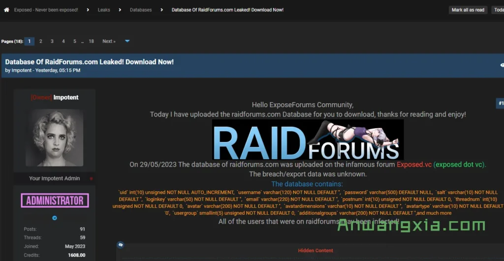 被美国司法部查封一年后，RaidForums的用户数据被泄露在Exposed论坛上