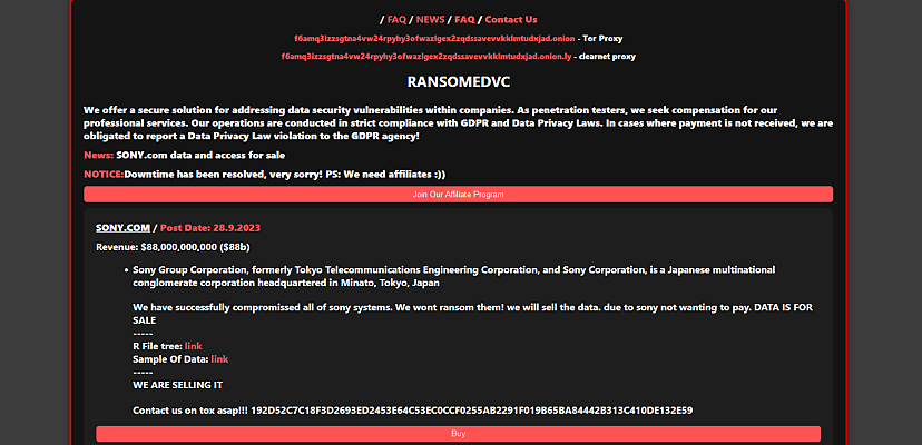 勒索软件团伙Ransomed.vc声称索尼的所有数据都将在暗网上出售