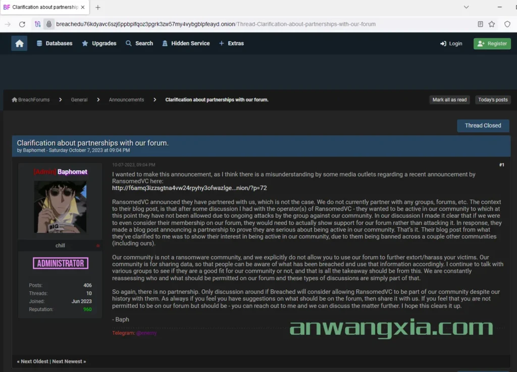 暗网勒索软件团伙Ransomed称正在与Breachforums合作，但Breachforums管理员Baphomet否认该说法