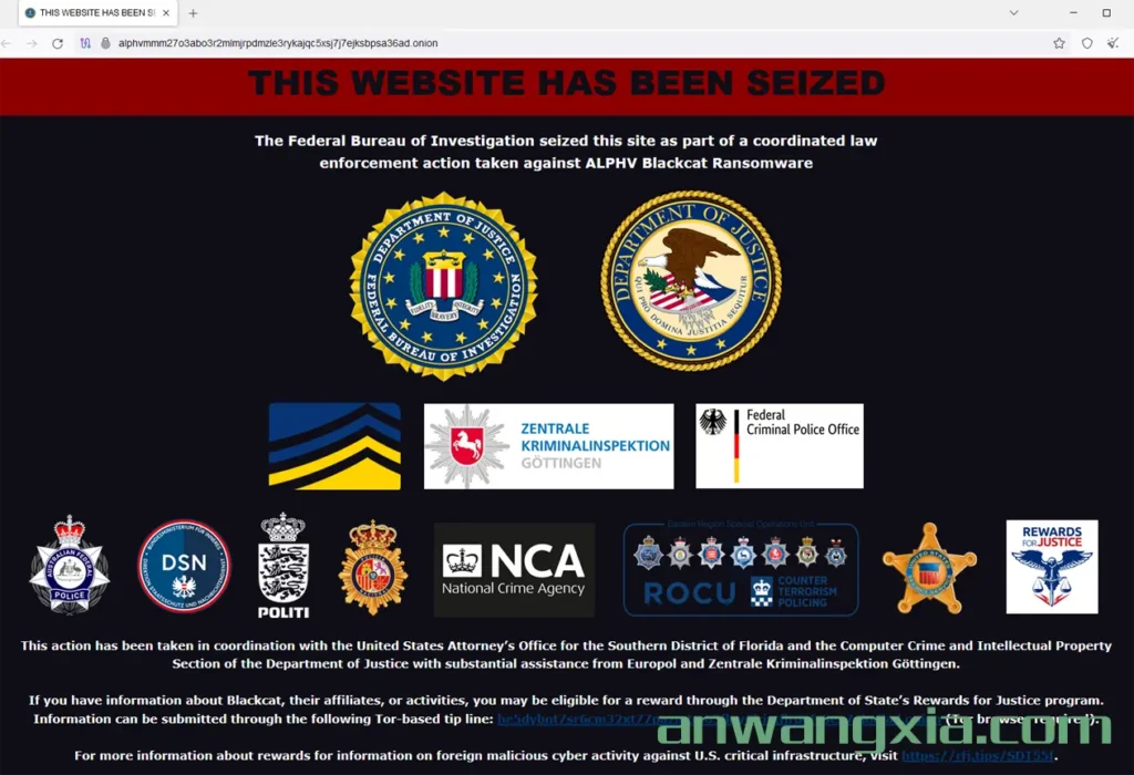 国际联合执法机构查封了臭名昭著的 ALPHV 勒索软件团伙的暗网泄密网站
