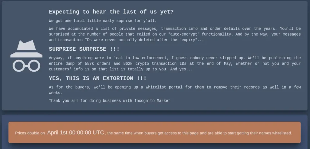 将无耻发挥到极致，“退出骗局”之后，Incognito暗网市场背后的运营者试图勒索其客户和商家